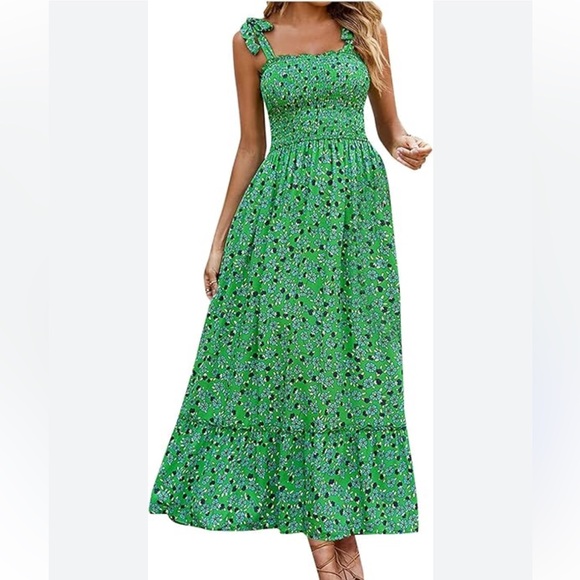 ZESICA L green & blue floral maxi dress w/ tie straps,  ruffle bottom skirt EUC - Picture 1 of 8